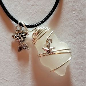 Wire Wrapped Maine Sea Glass Necklace With Starfish and Fish Charm
